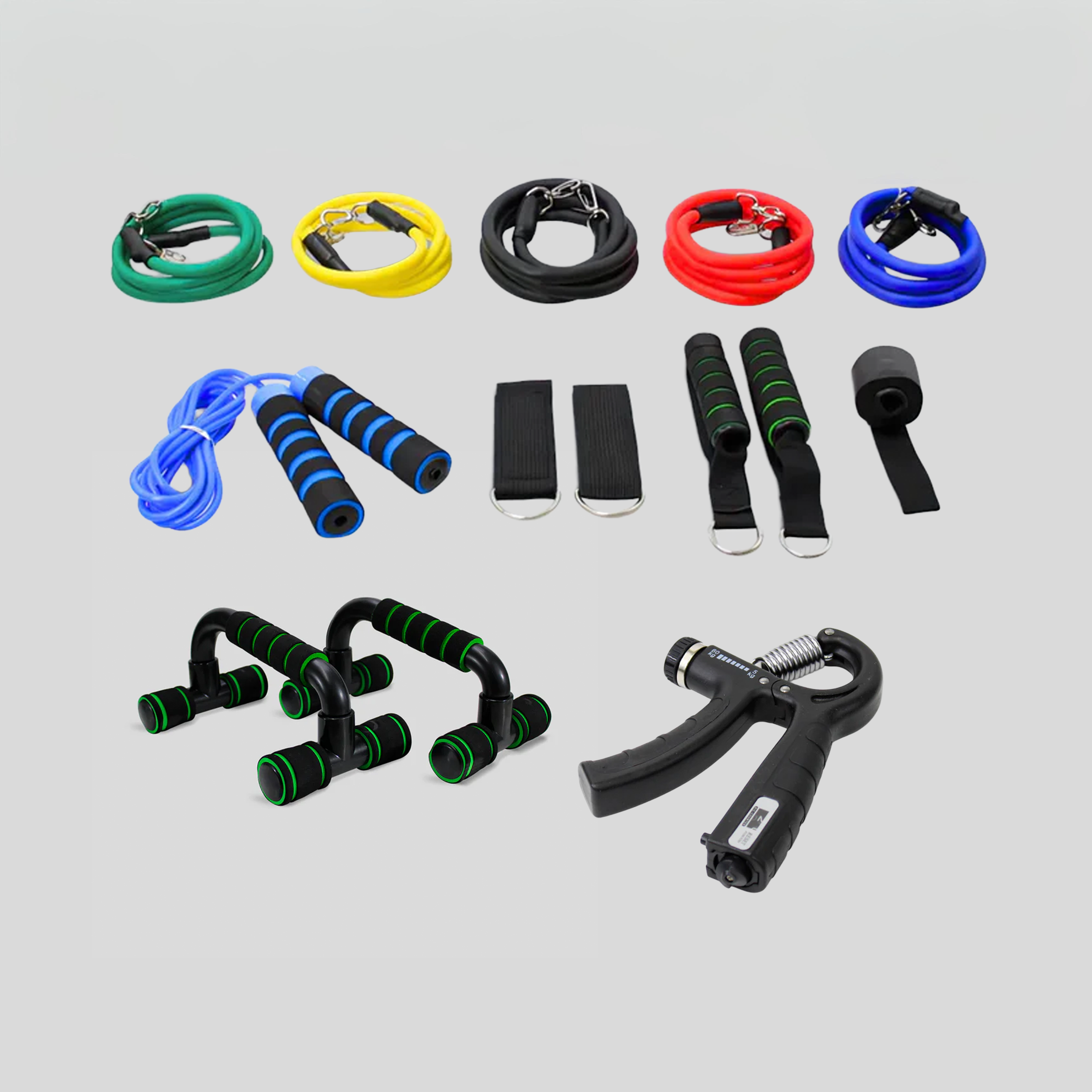 Kit de Entrenamiento con Set de Ligas Tubulares con Mango Intercambiable,Cuerda Para Saltar,Ejercitador de Mano con Presión de 60 kg y Lagartijeras Acojinadas