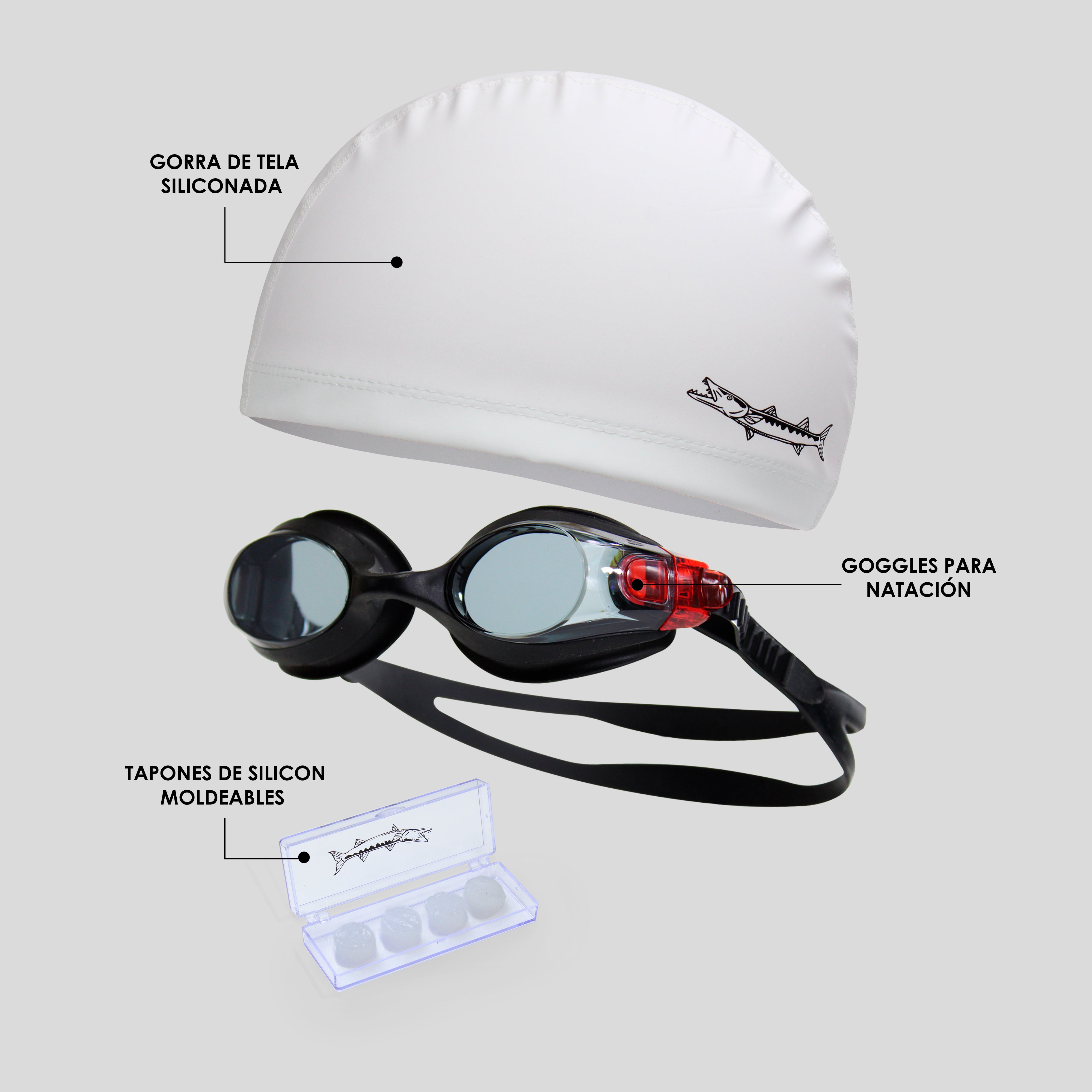 Kit Barracuda De Natación 3pcs Goggle, Gorra Y Tapones