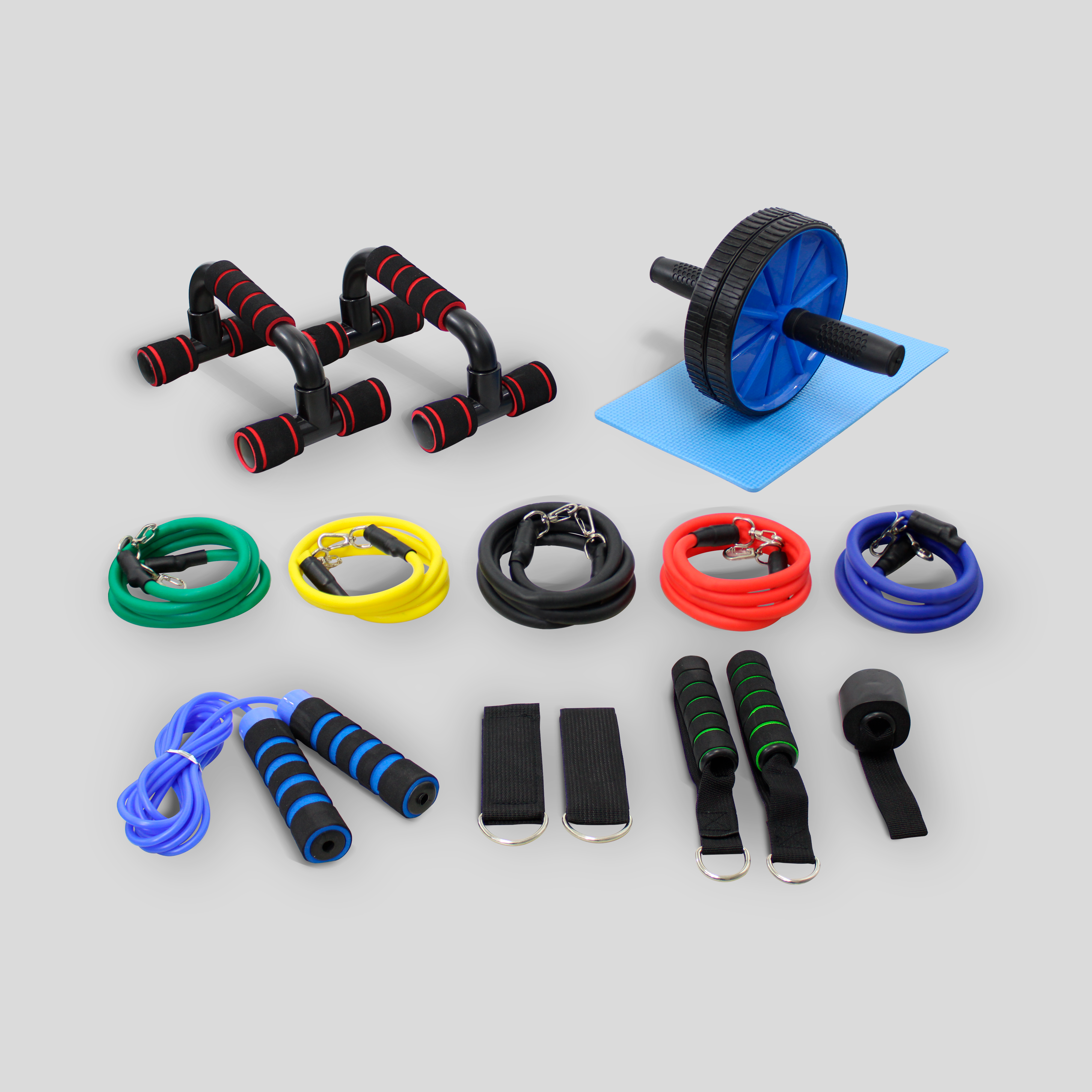 Kit Con Rueda Abdominales, Cuerda, Lagartijera y 5 Ligas de Resistencia