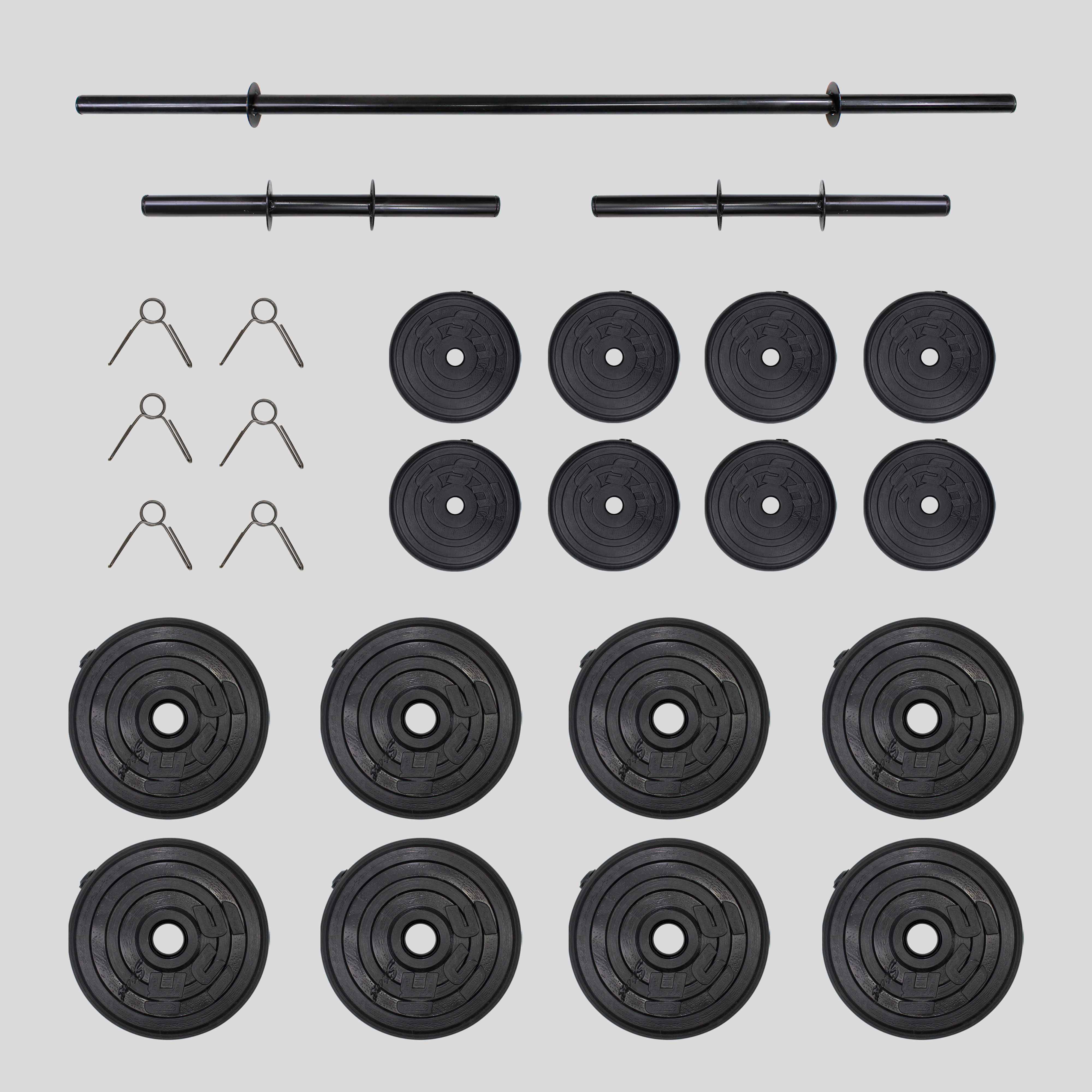 Set Completo De Discos 115lbs Total Con Barra Recta Y Mancuernas