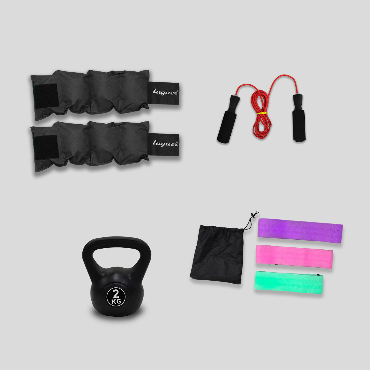 Kit con Polainas 2kg, Ligas de Tela 3 Resistencias, Una Pesa Rusa 2 kg y Una Cuerda de Neopreno